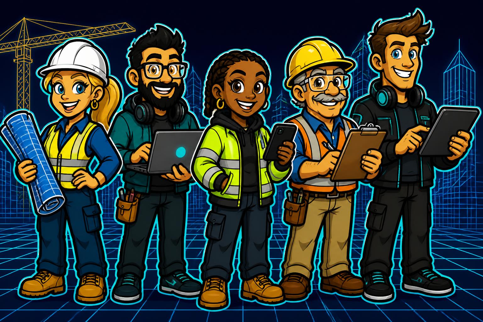 Cartoon lineup of the RayDev advisor crew in construction and tech gear